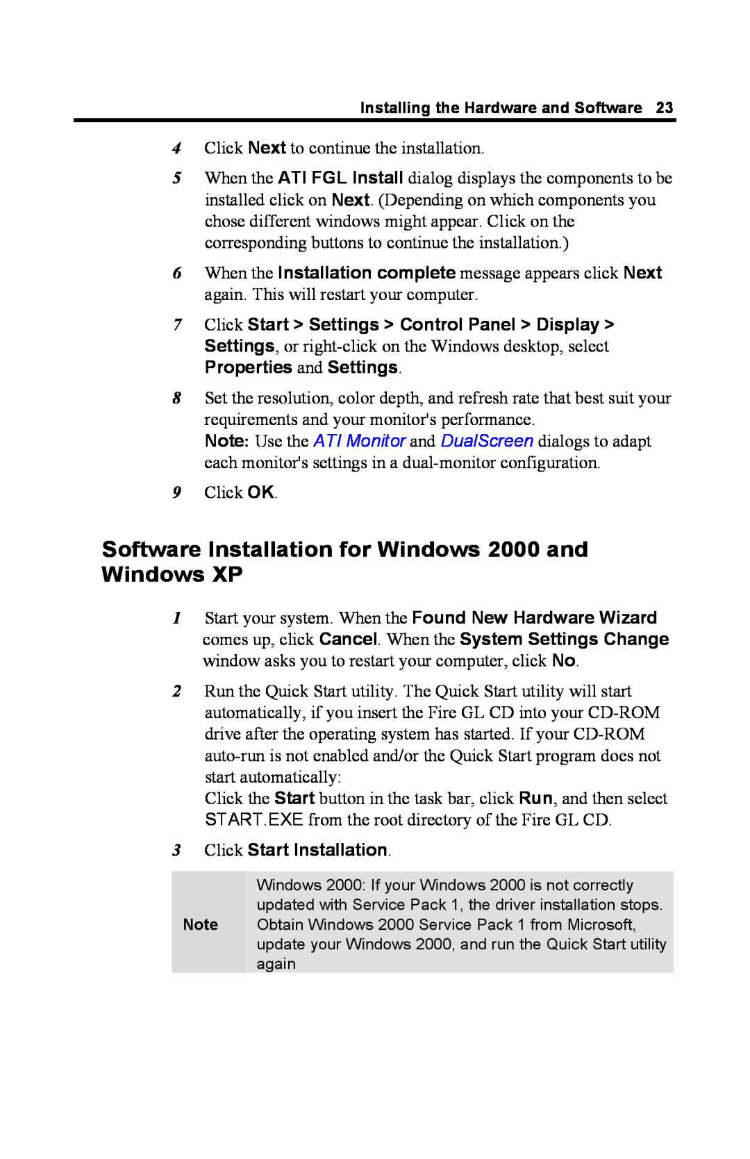 ATI Technologies GL 8800 specifications Software Installation for Windows 2000 and Windows XP, Properties and Settings 