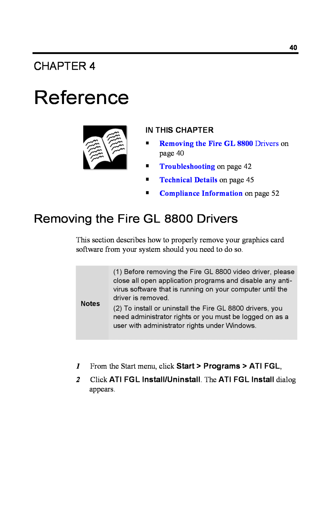 ATI Technologies Reference, Removing the Fire GL 8800 Drivers on, Troubleshooting on page Technical Details on page 