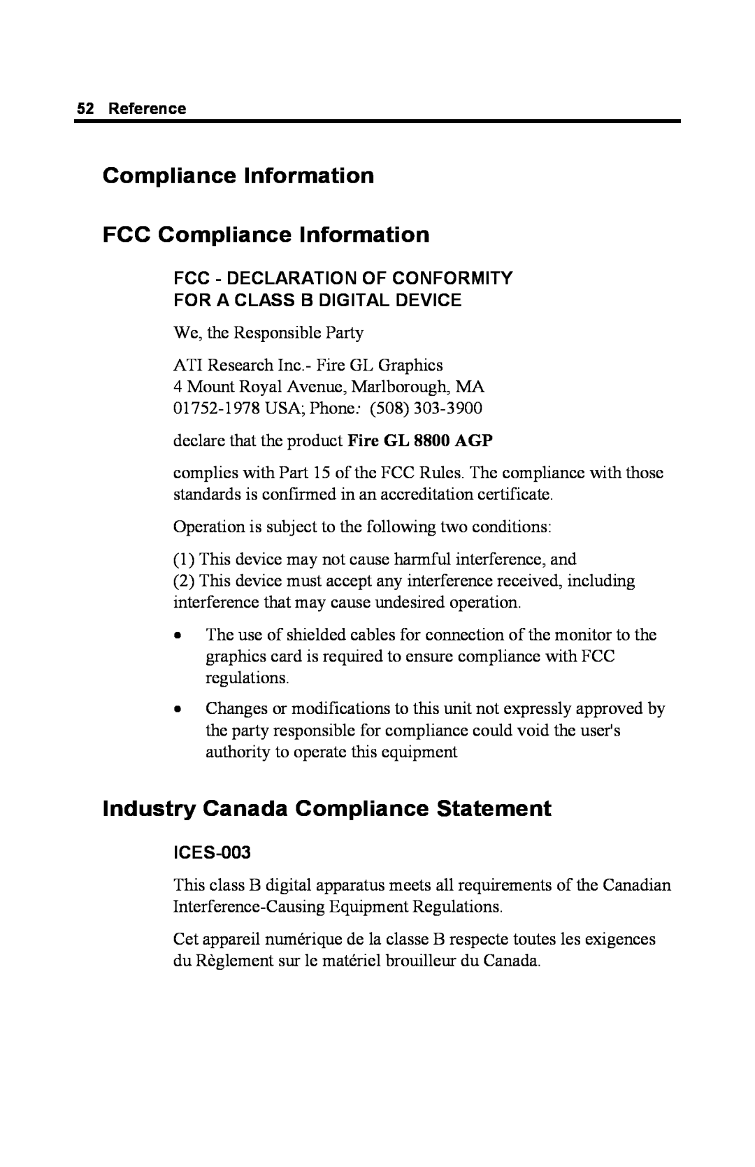 ATI Technologies GL 8800 Compliance Information FCC Compliance Information, Industry Canada Compliance Statement, ICES-003 