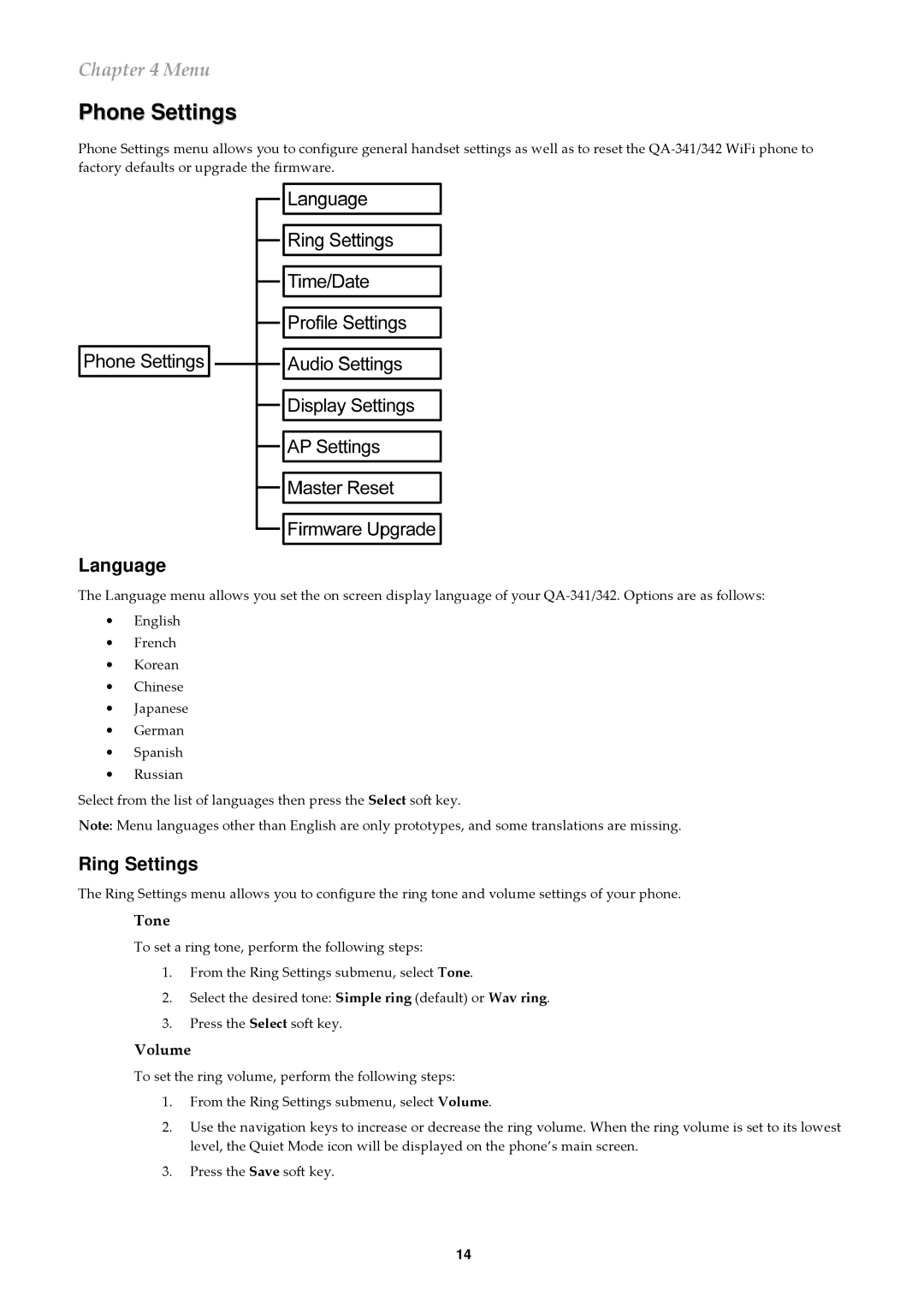 ATI Technologies QA-342, QA-341 user manual Phone Settings, Language, Ring Settings, Tone, Volume 