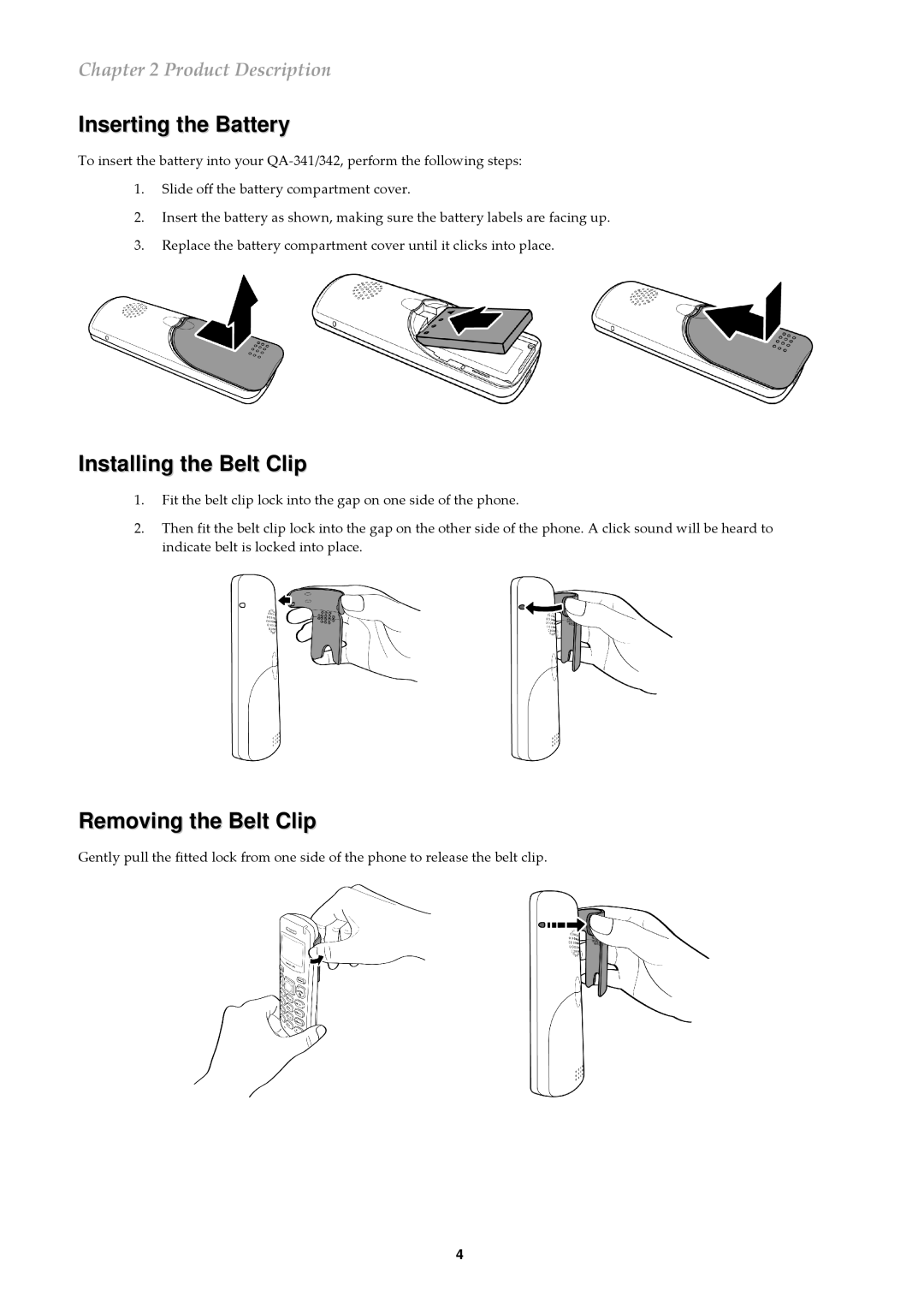 ATI Technologies QA-342, QA-341 user manual Inserting the Battery, Installing the Belt Clip, Removing the Belt Clip 