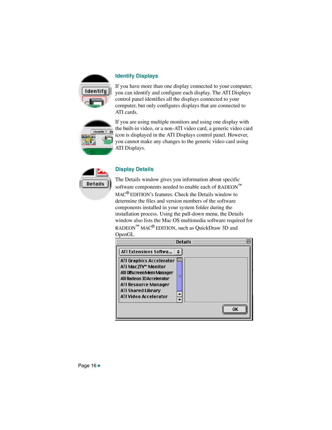 ATI Technologies 107-40214-20, RADEON MAC EDITION manual Identify Displays, Display Details 