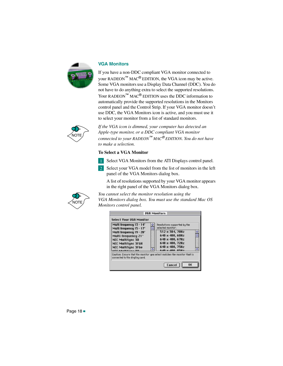 ATI Technologies 107-40214-20, RADEON MAC EDITION manual VGA Monitors, To Select a VGA Monitor 