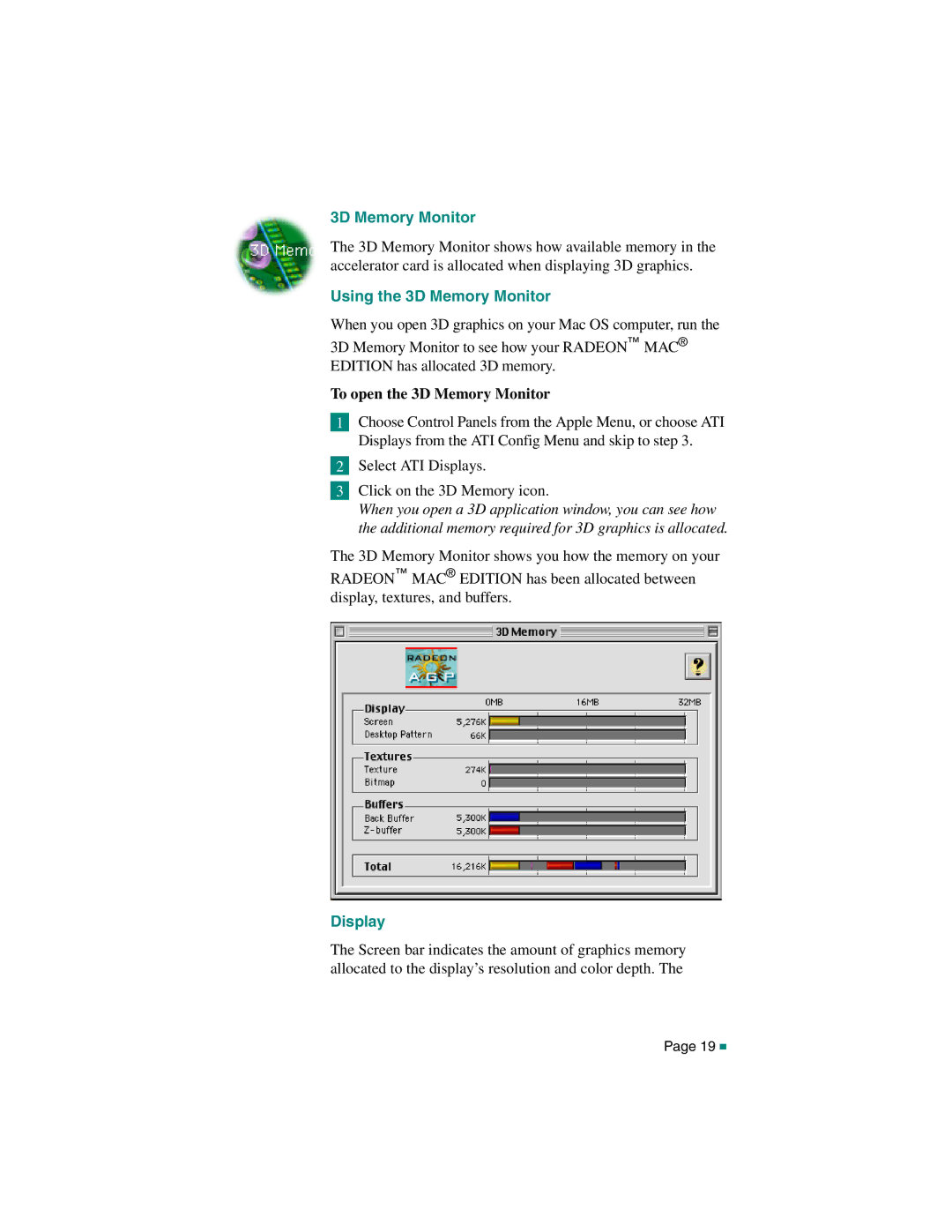 ATI Technologies RADEON MAC EDITION, 107-40214-20 Using the 3D Memory Monitor, To open the 3D Memory Monitor, Display 
