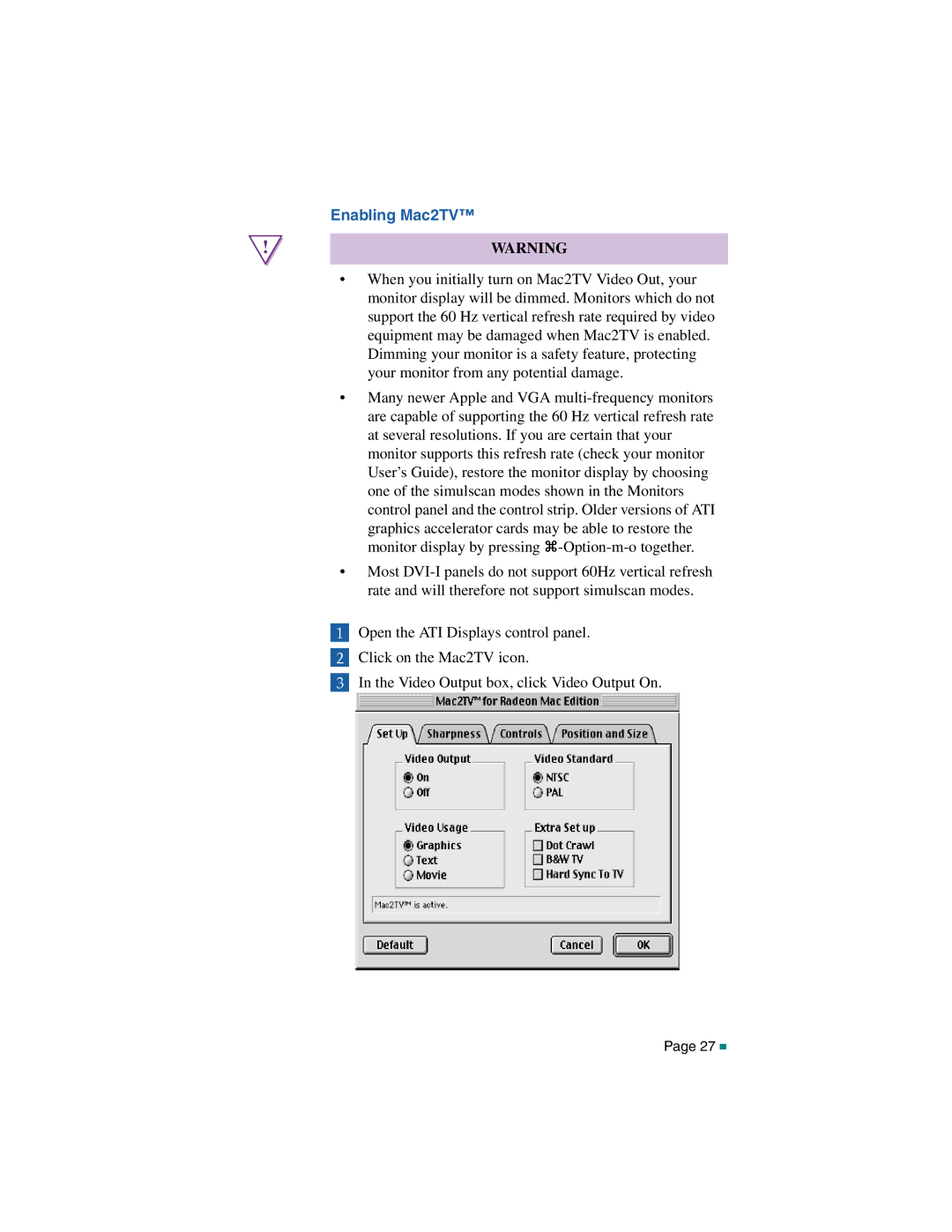 ATI Technologies RADEON MAC EDITION, 107-40214-20 manual Enabling Mac2TV 