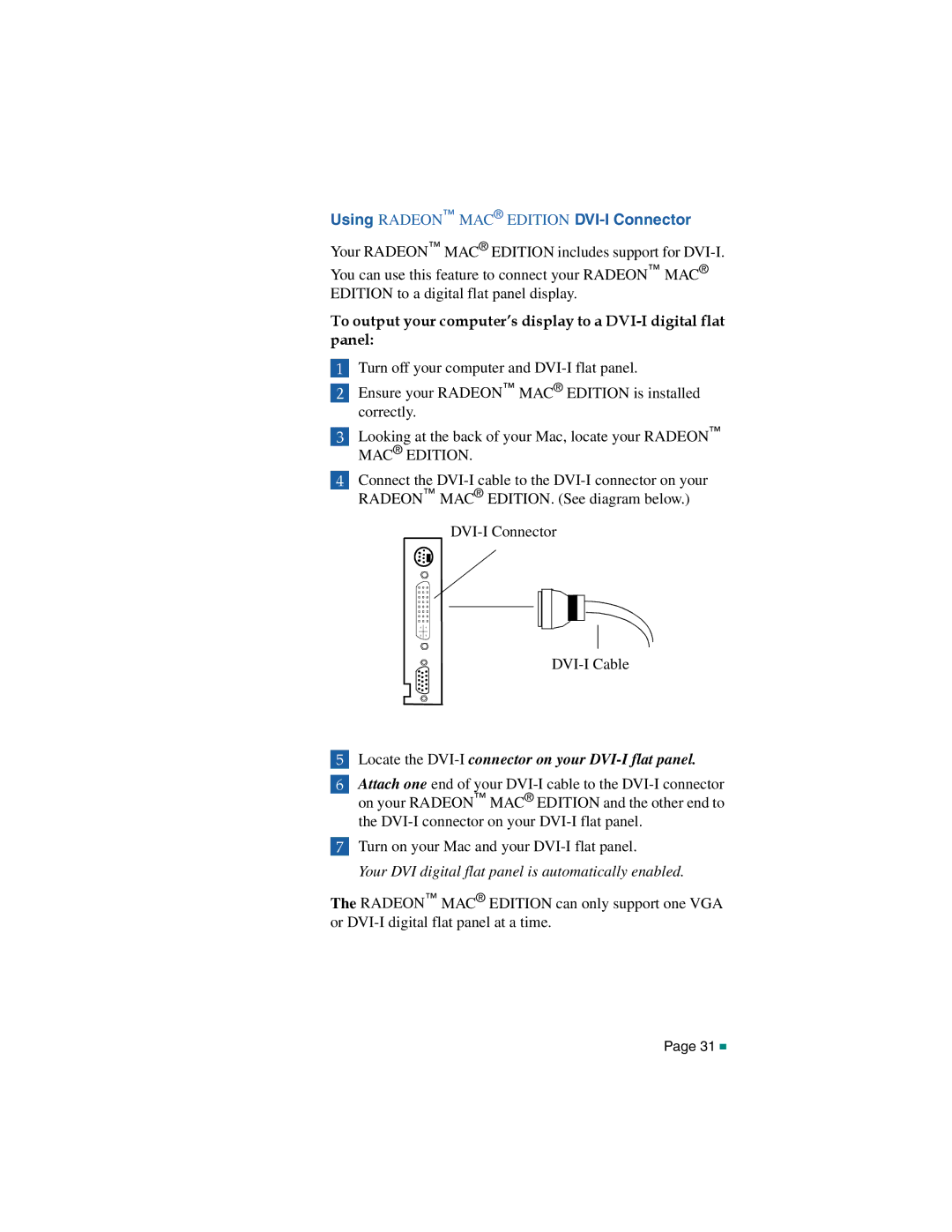 ATI Technologies RADEON MAC EDITION, 107-40214-20 manual Using Radeon MAC Edition DVI-I Connector 