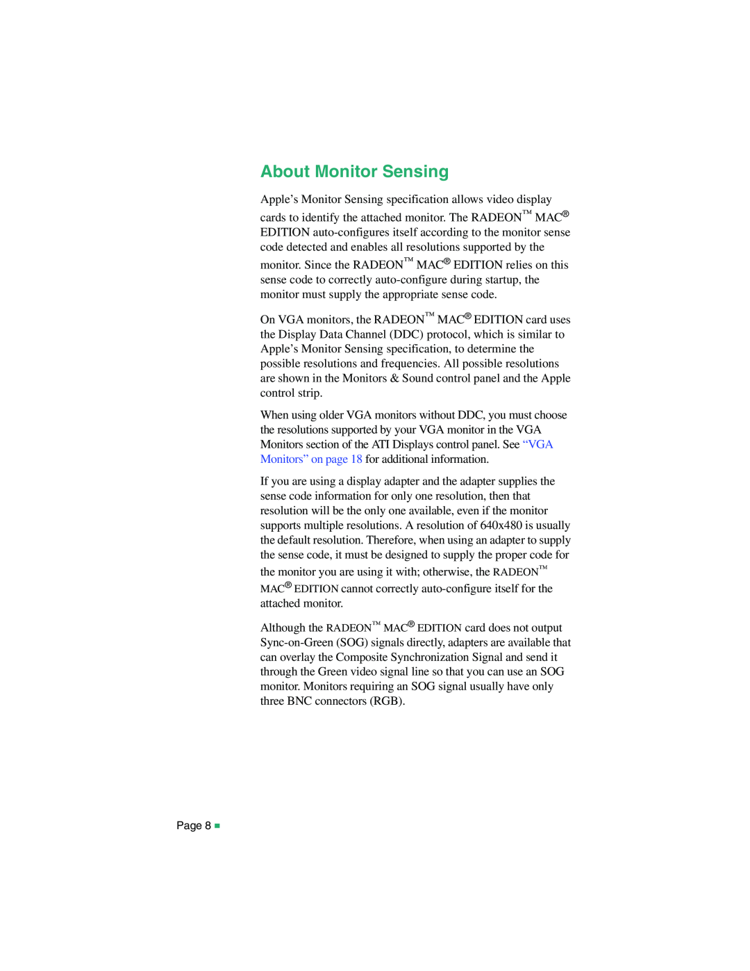 ATI Technologies 107-40214-20, RADEON MAC EDITION manual About Monitor Sensing 