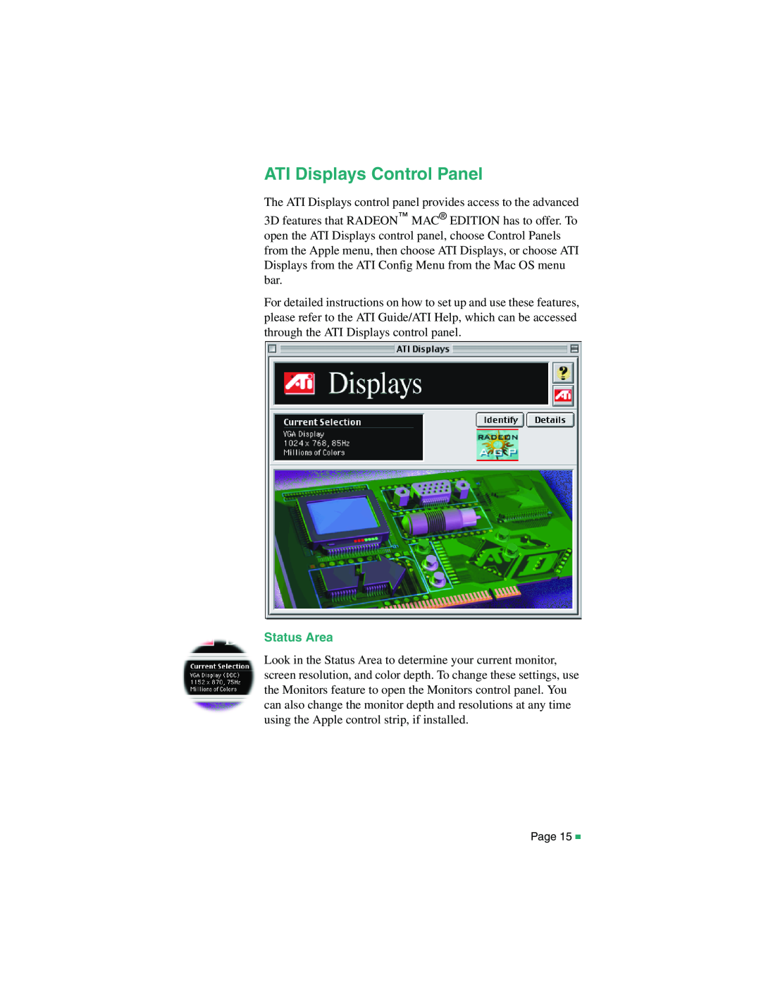 ATI Technologies RADEON MAC EDITION, 107-40214-20 manual ATI Displays Control Panel, Status Area 