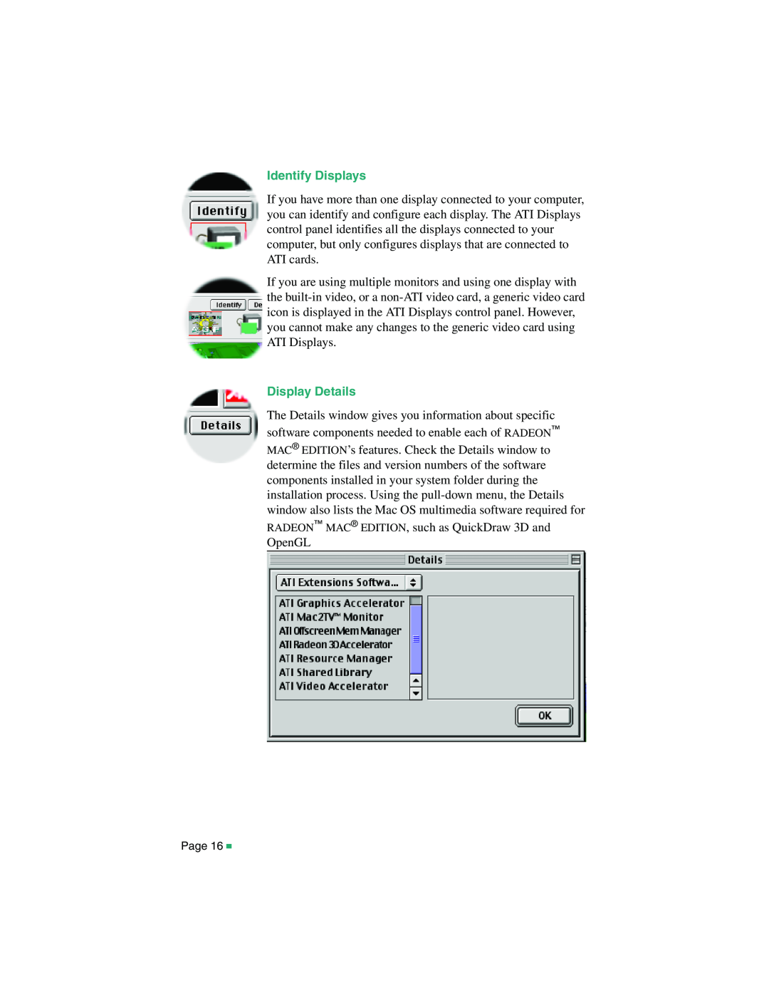 ATI Technologies 107-40214-20, RADEON MAC EDITION manual Identify Displays, Display Details 