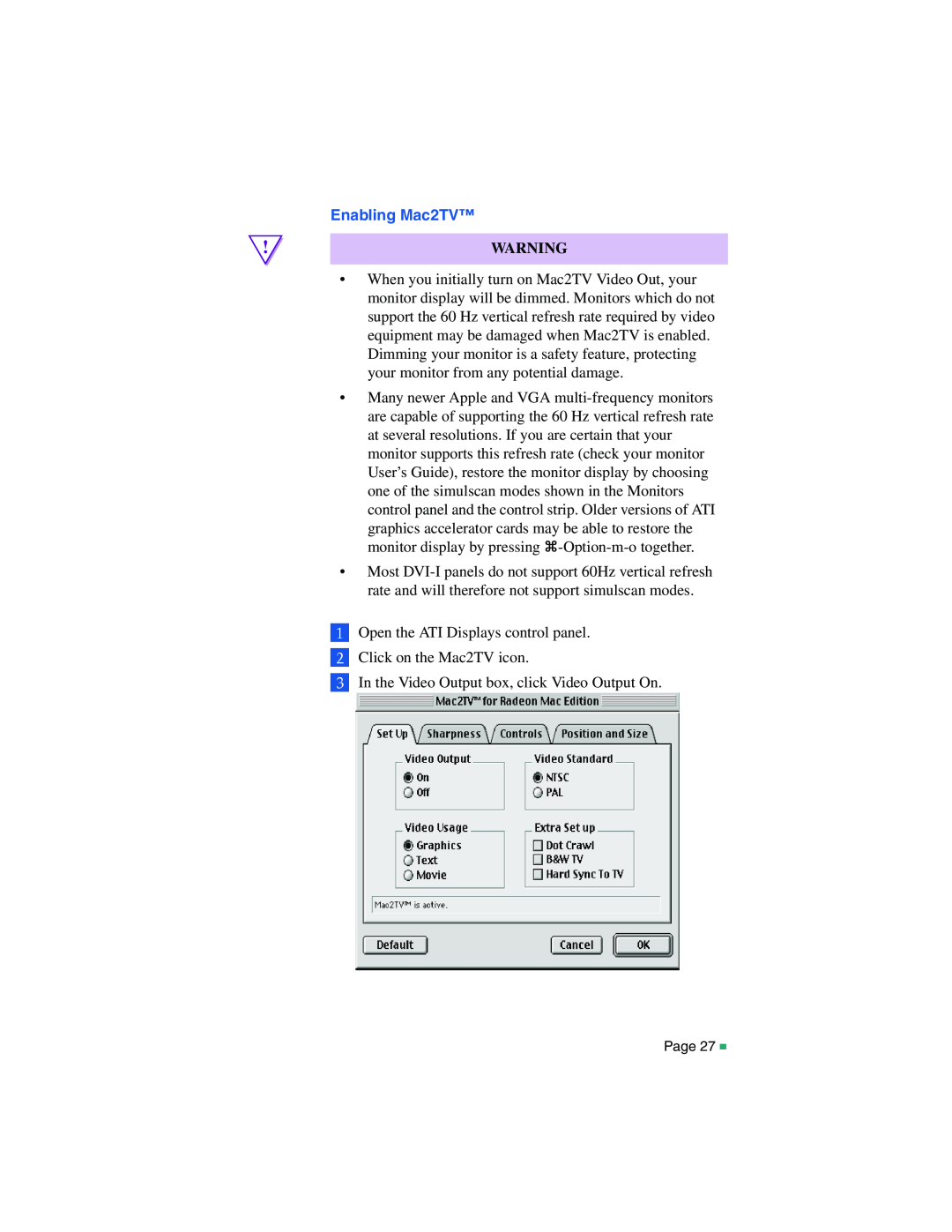 ATI Technologies RADEON MAC EDITION, 107-40214-20 manual Enabling Mac2TV 