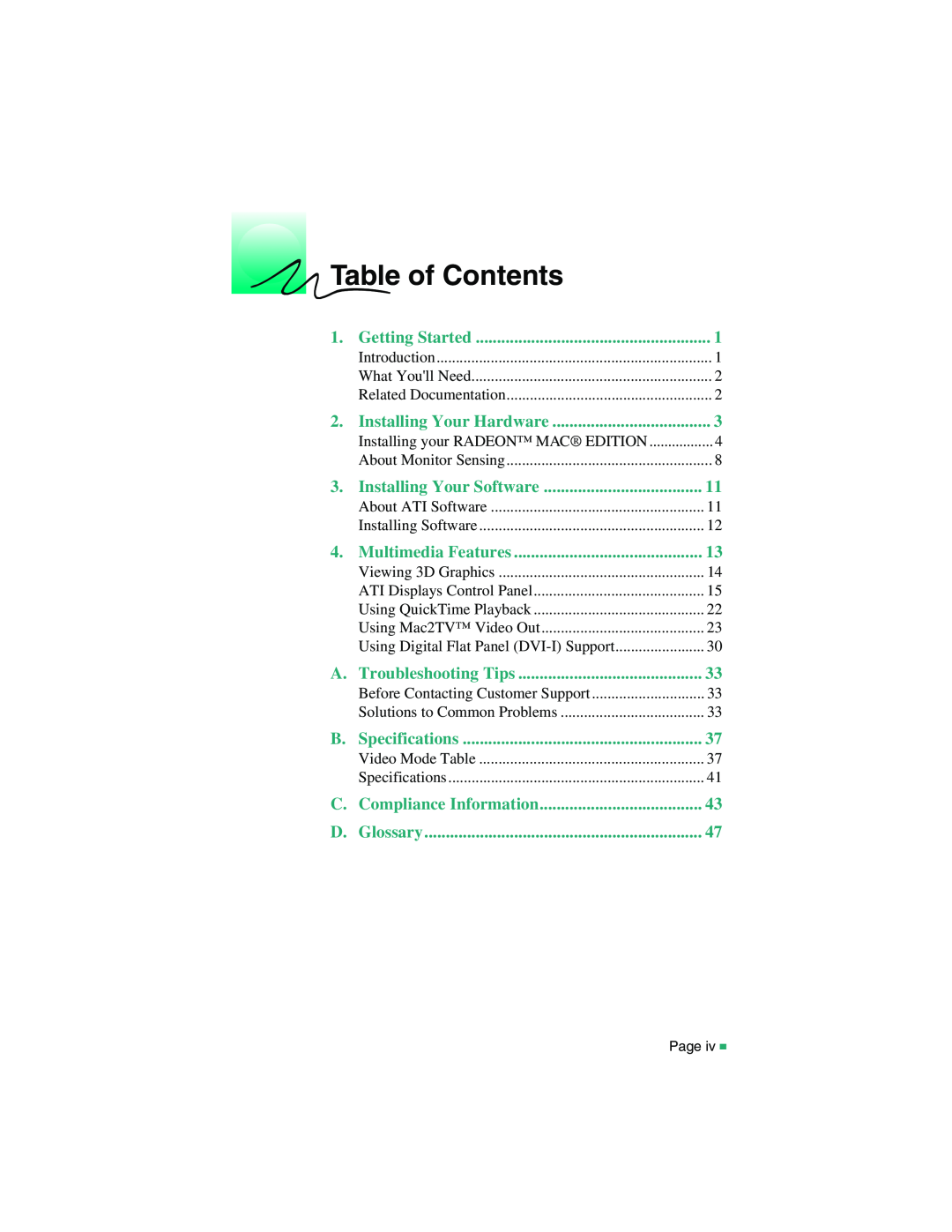 ATI Technologies RADEON MAC EDITION Table of Contents, C. Compliance Information, Getting Started, Multimedia Features 