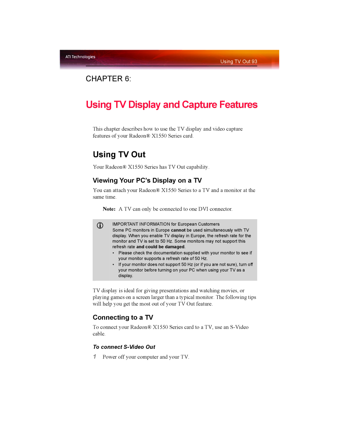 ATI Technologies X1550 SERIES Using TV Out, Viewing Your PC’s Display on a TV, Connecting to a TV, To connect S-Video Out 