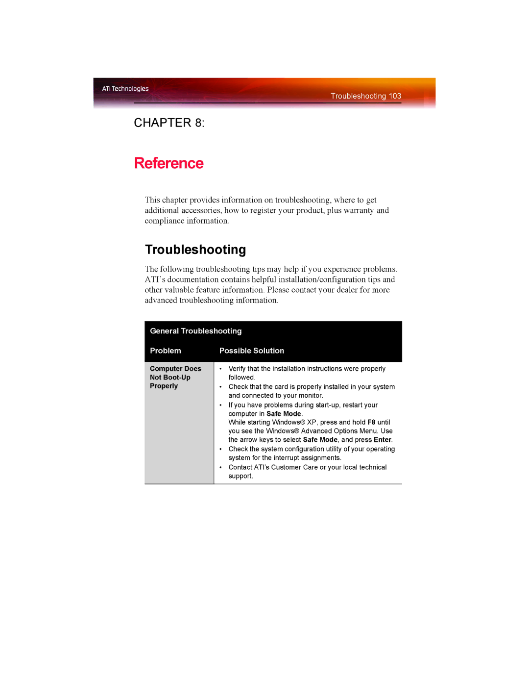 ATI Technologies X1550 SERIES manual Reference, Troubleshooting 