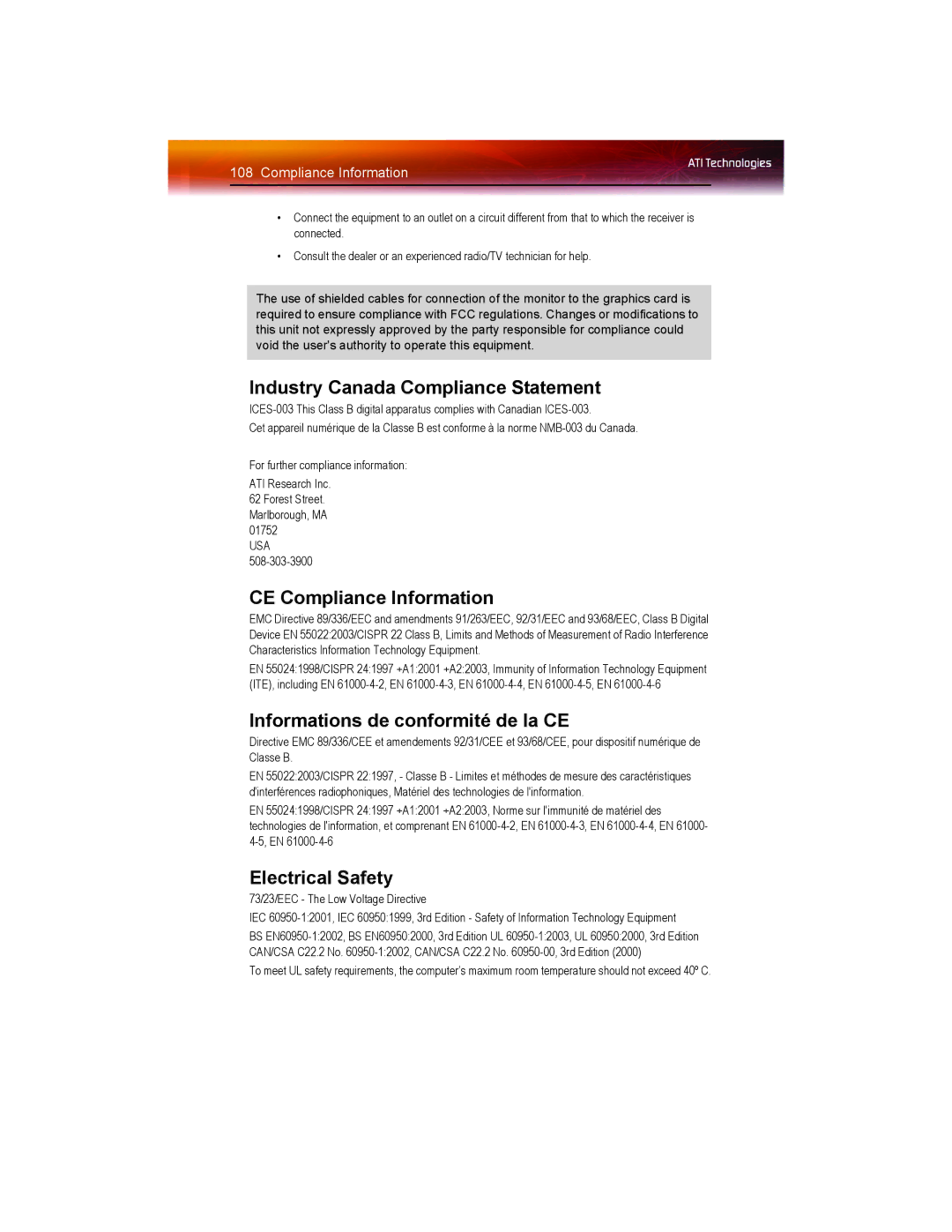 ATI Technologies X1550 SERIES manual Industry Canada Compliance Statement, CE Compliance Information, Electrical Safety 