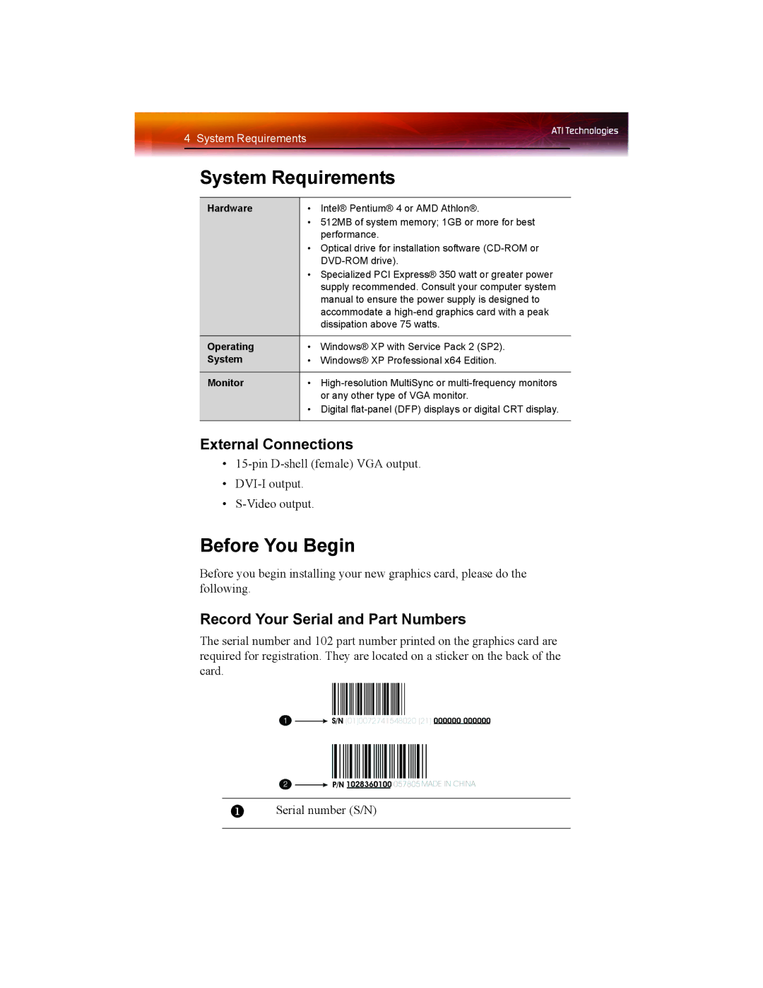 ATI Technologies X1550 SERIES manual System Requirements, Before You Begin, External Connections 