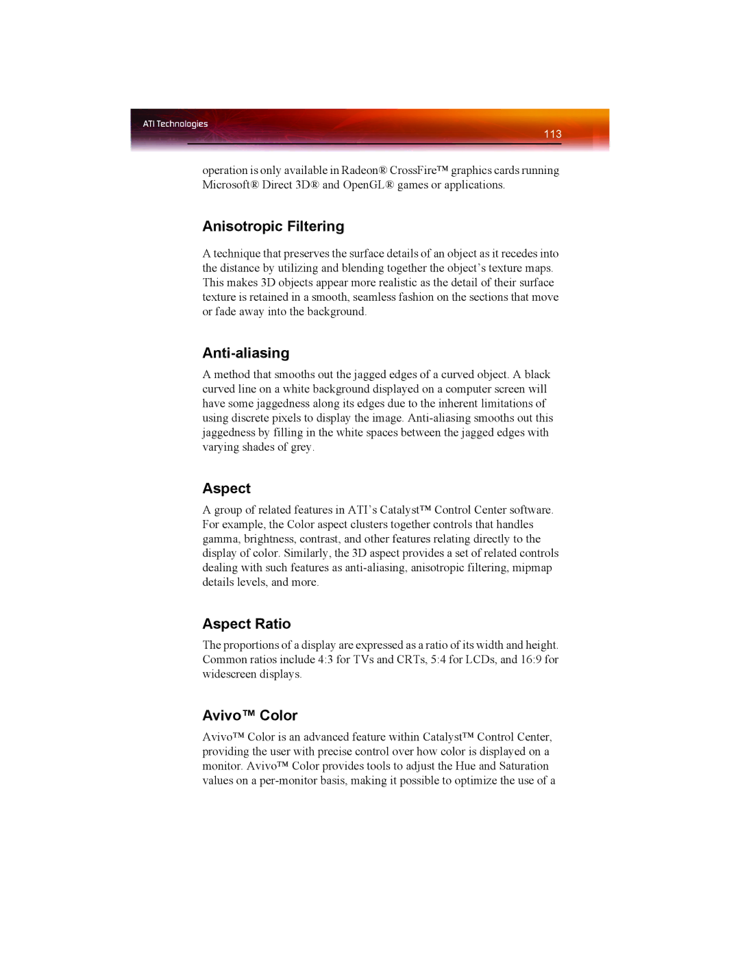 ATI Technologies X1550 SERIES manual Anisotropic Filtering, Anti-aliasing, Aspect Ratio, Avivo Color 