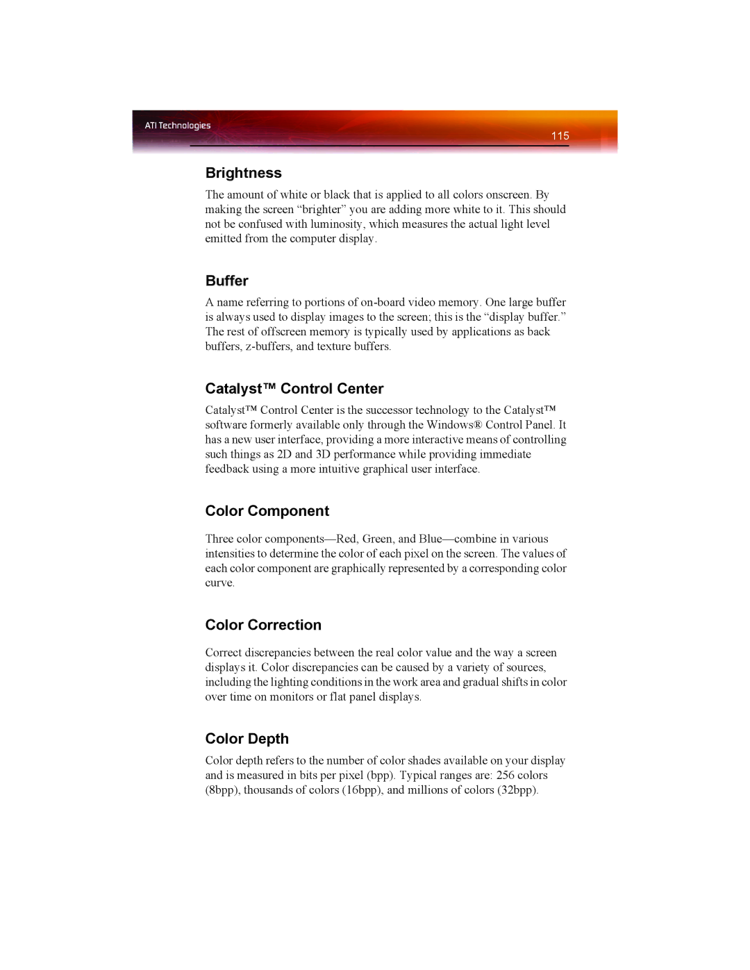 ATI Technologies X1550 SERIES Brightness, Buffer, Catalyst Control Center, Color Component, Color Correction, Color Depth 