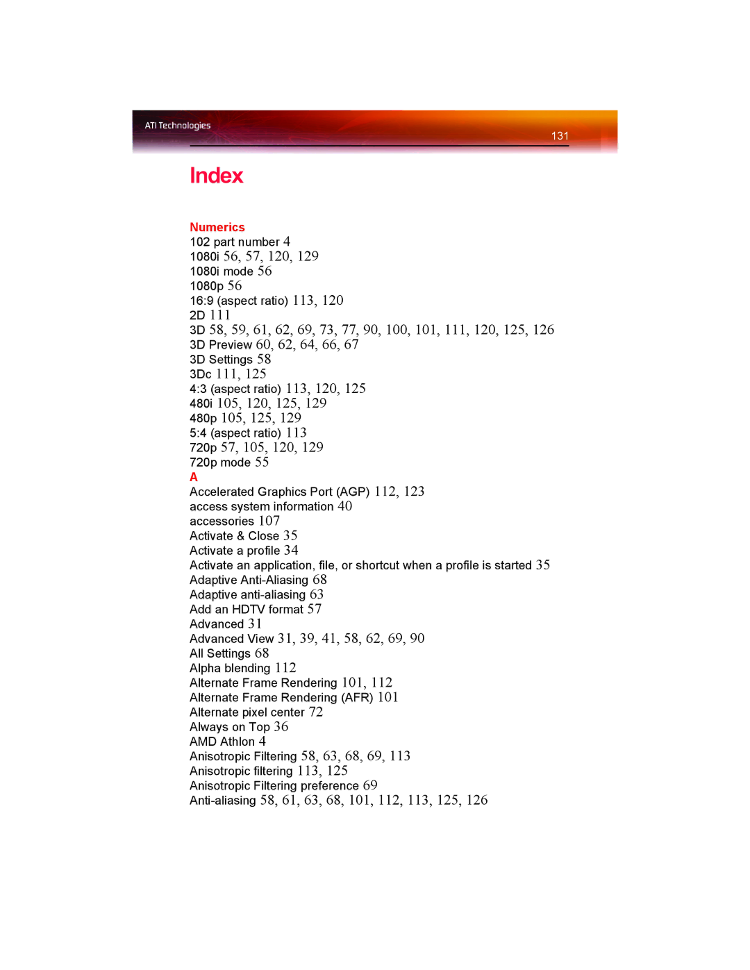 ATI Technologies X1550 SERIES manual Index 