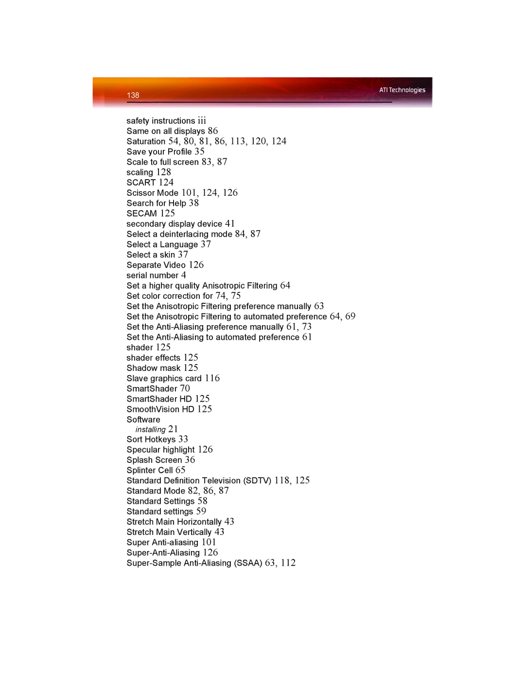 ATI Technologies X1550 SERIES manual Saturation 54, 80, 81, 86, 113, 120 