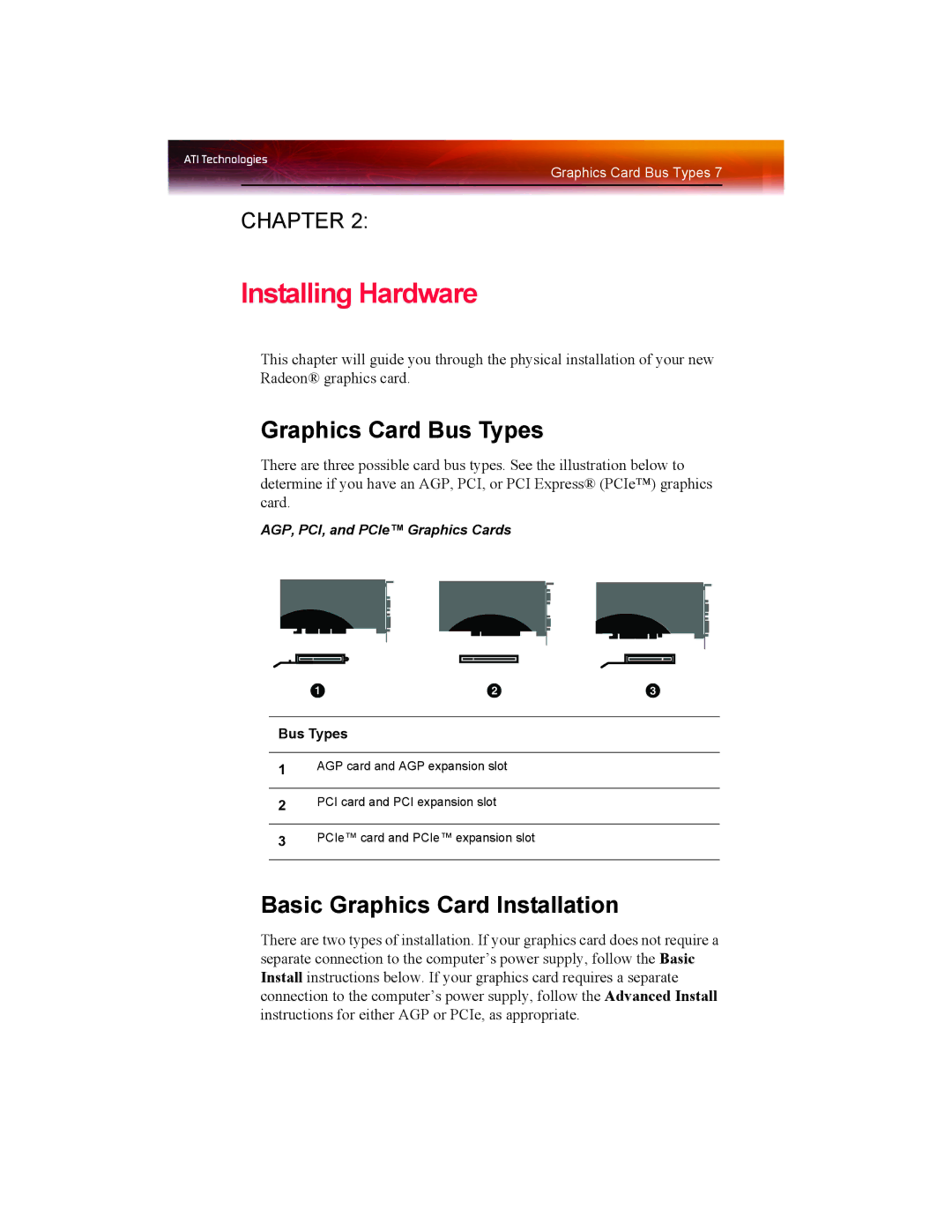 ATI Technologies X1550 SERIES manual Graphics Card Bus Types, Basic Graphics Card Installation 