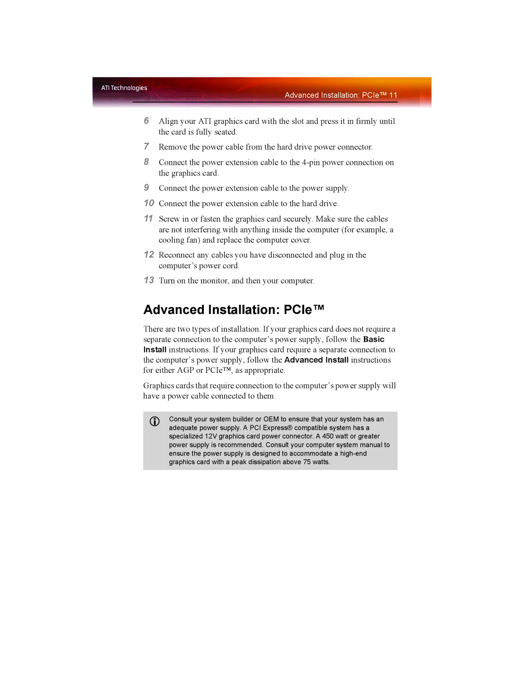 ATI Technologies X1550 SERIES manual Advanced Installation PCIe 