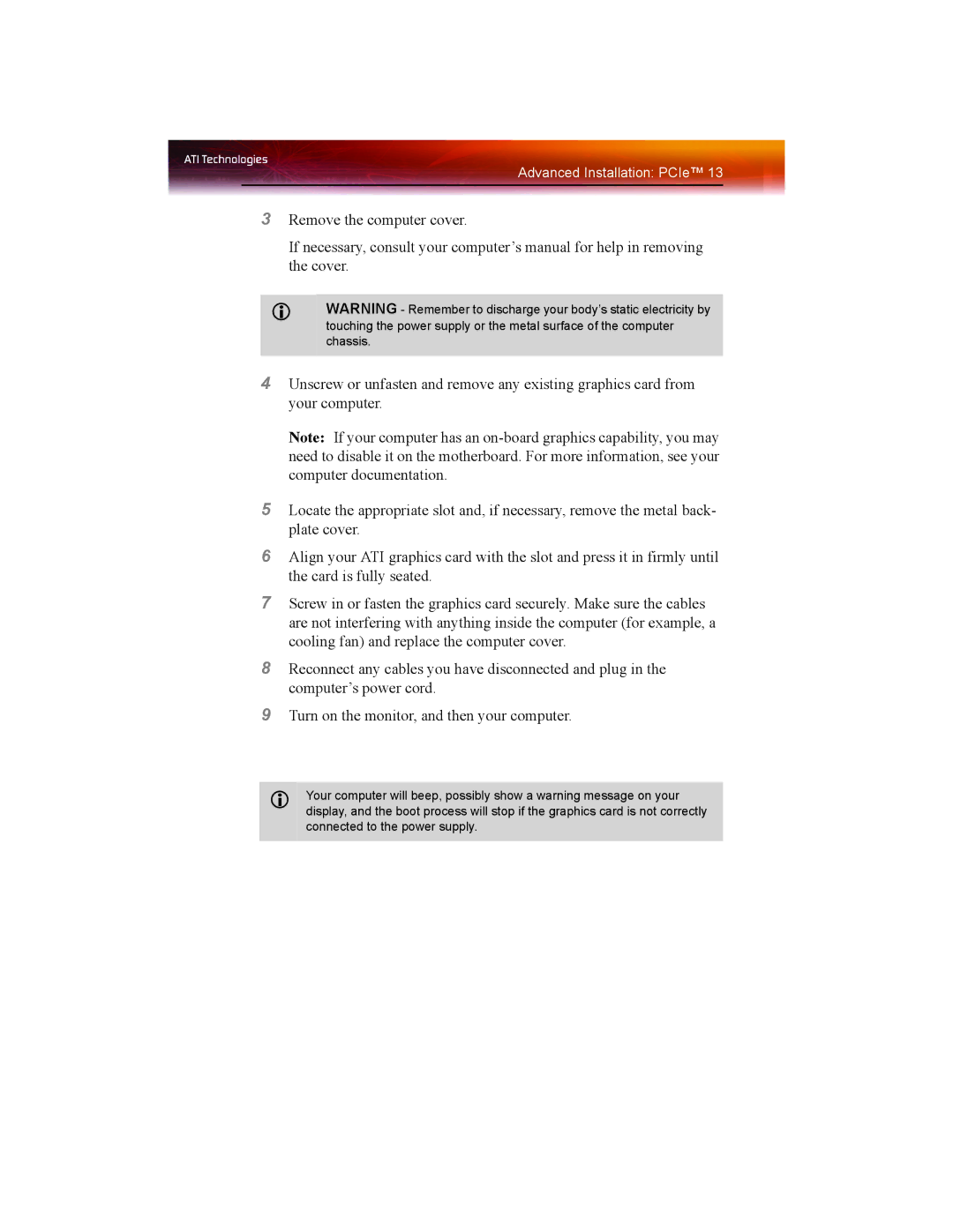 ATI Technologies X1550 SERIES manual Advanced Installation PCIe 