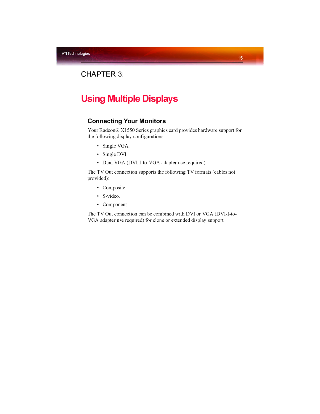 ATI Technologies X1550 SERIES manual Using Multiple Displays, Connecting Your Monitors 