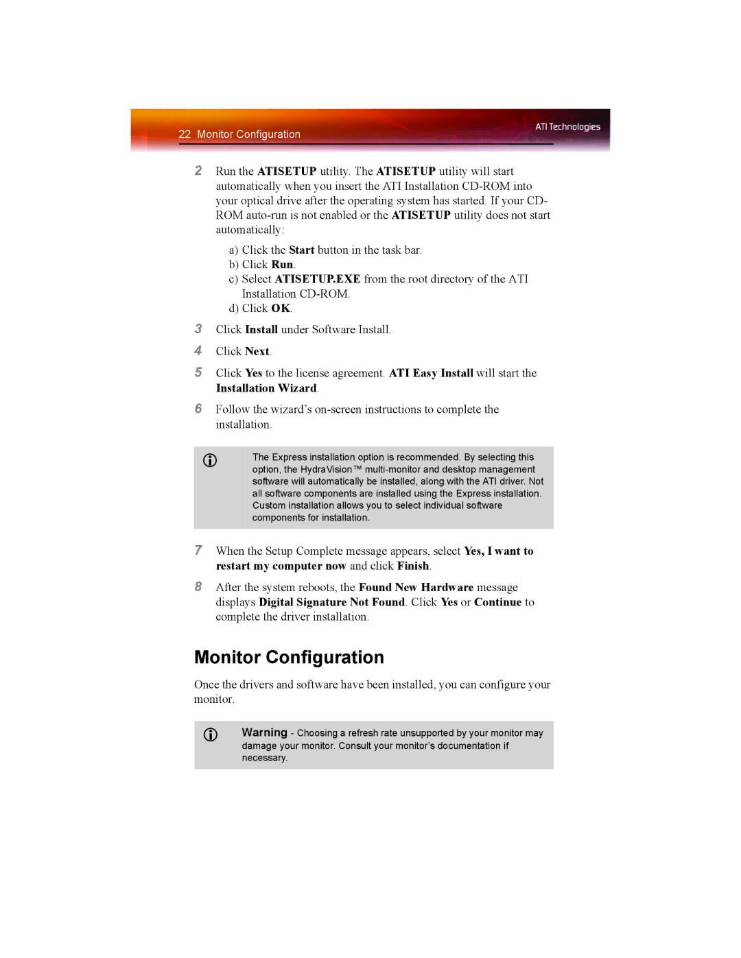 ATI Technologies X1550 SERIES manual Monitor Configuration 