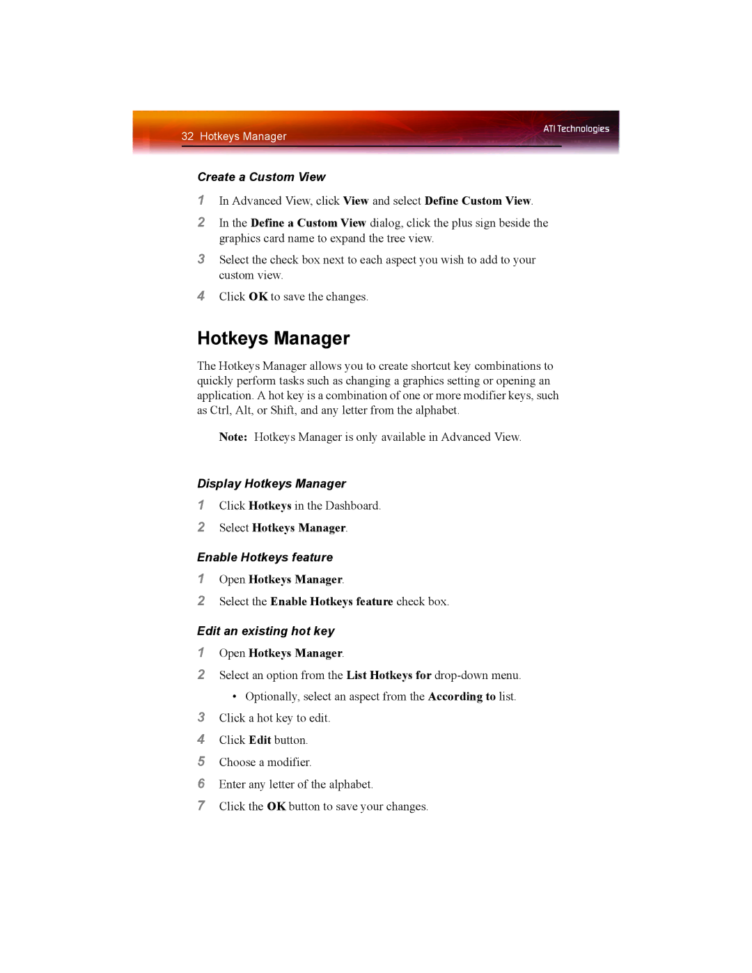 ATI Technologies X1550 SERIES manual Create a Custom View, Display Hotkeys Manager, Enable Hotkeys feature 