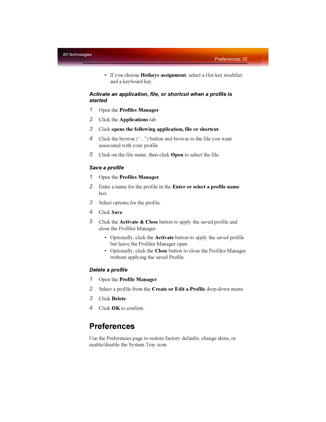 ATI Technologies X1550 SERIES manual Preferences, Click opens the following application, file or shortcut, Save a profile 