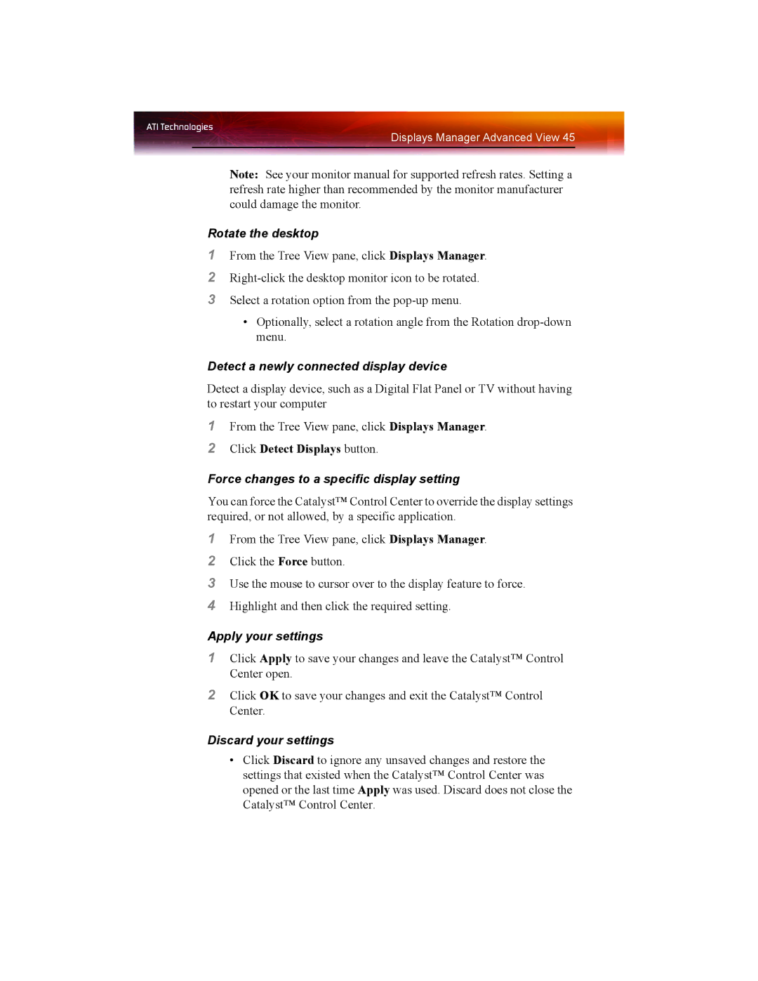 ATI Technologies X1550 SERIES manual Rotate the desktop, Detect a newly connected display device, Apply your settings 