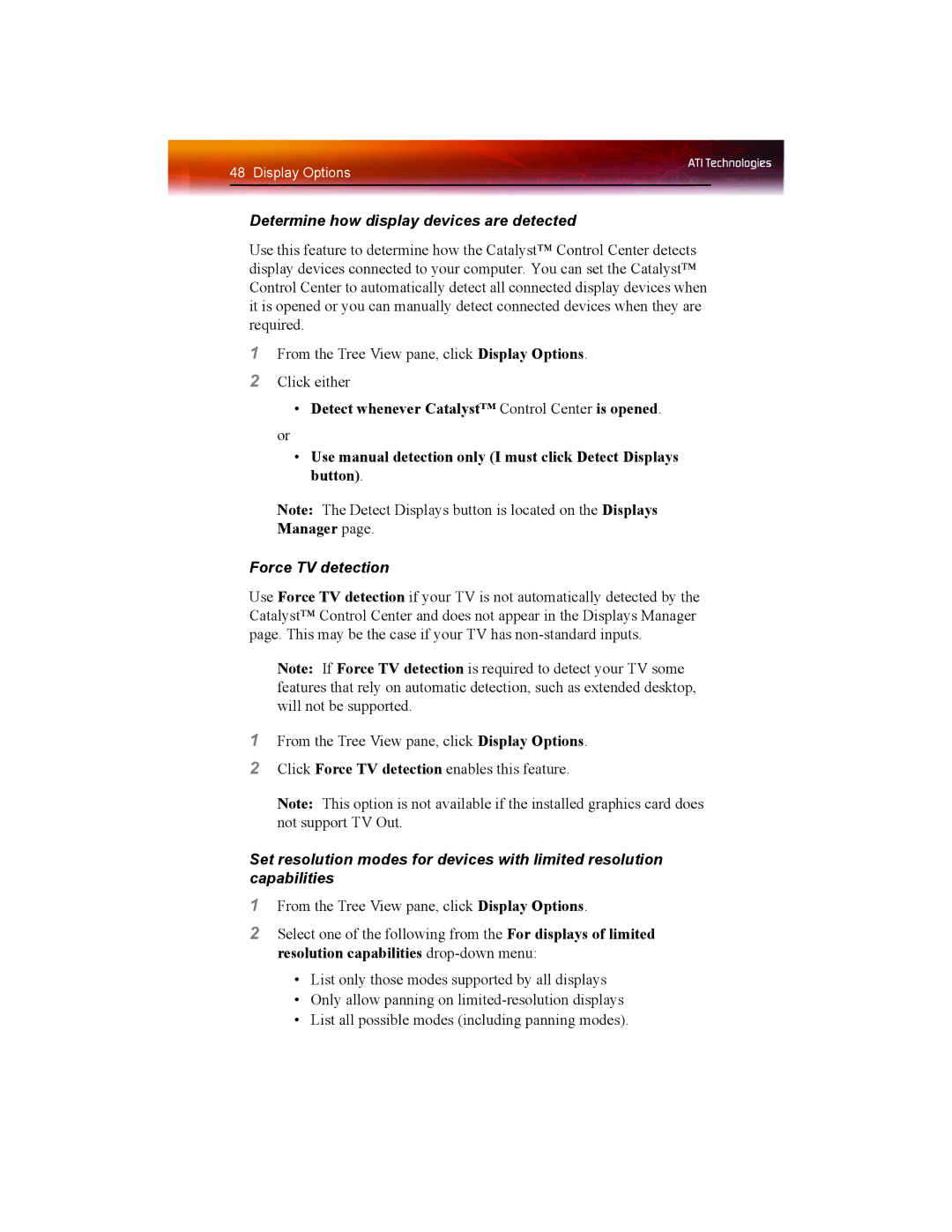 ATI Technologies X1550 SERIES manual Determine how display devices are detected, Force TV detection 