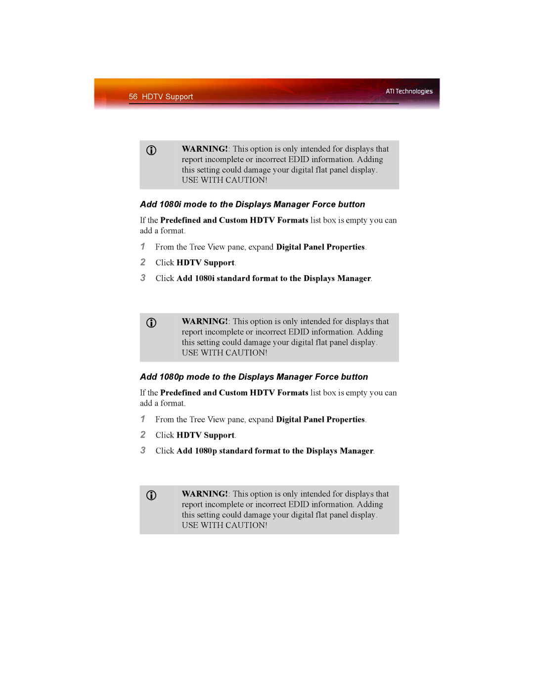ATI Technologies X1550 SERIES manual Add 1080i mode to the Displays Manager Force button 