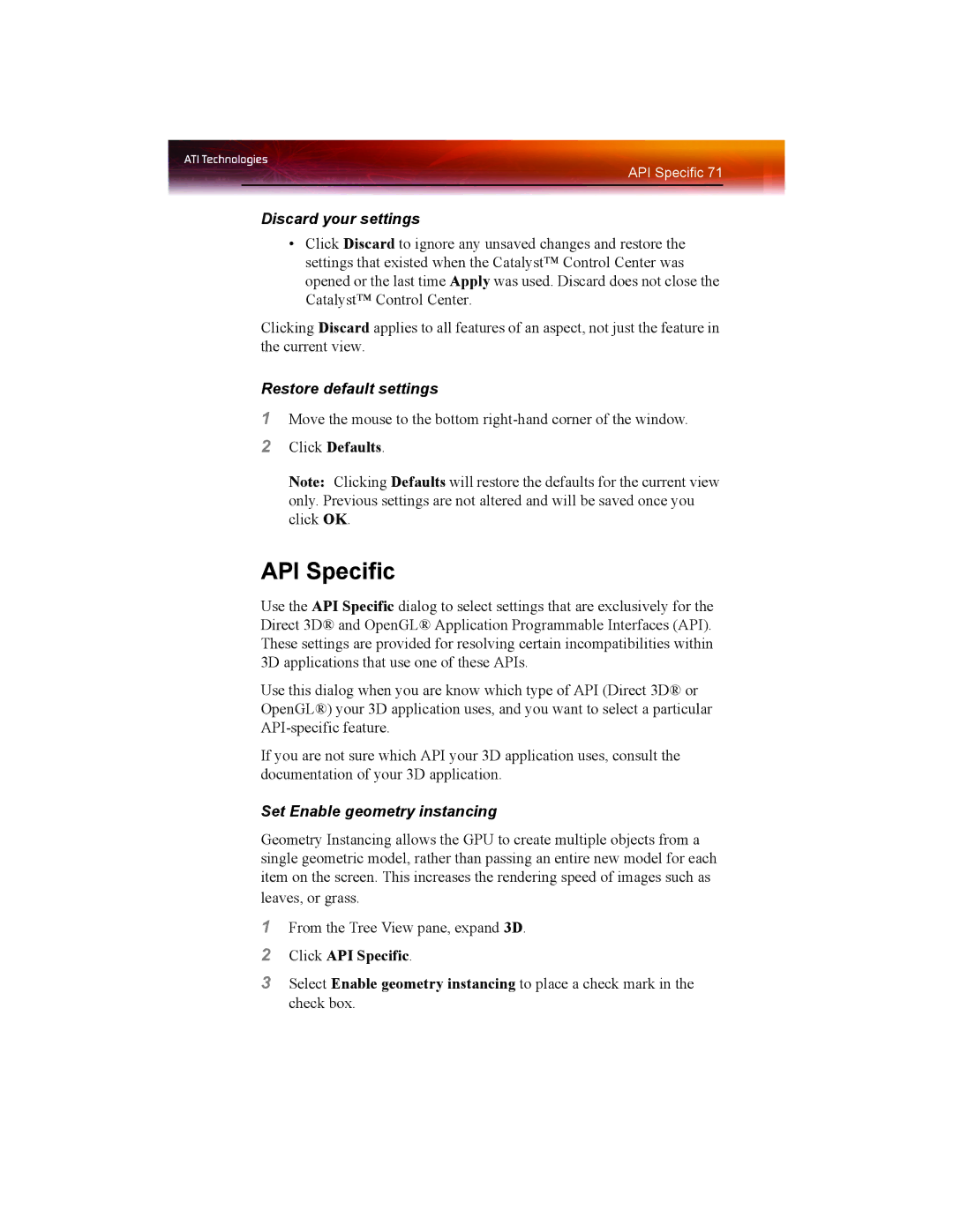 ATI Technologies X1550 SERIES manual Set Enable geometry instancing, Click API Specific 