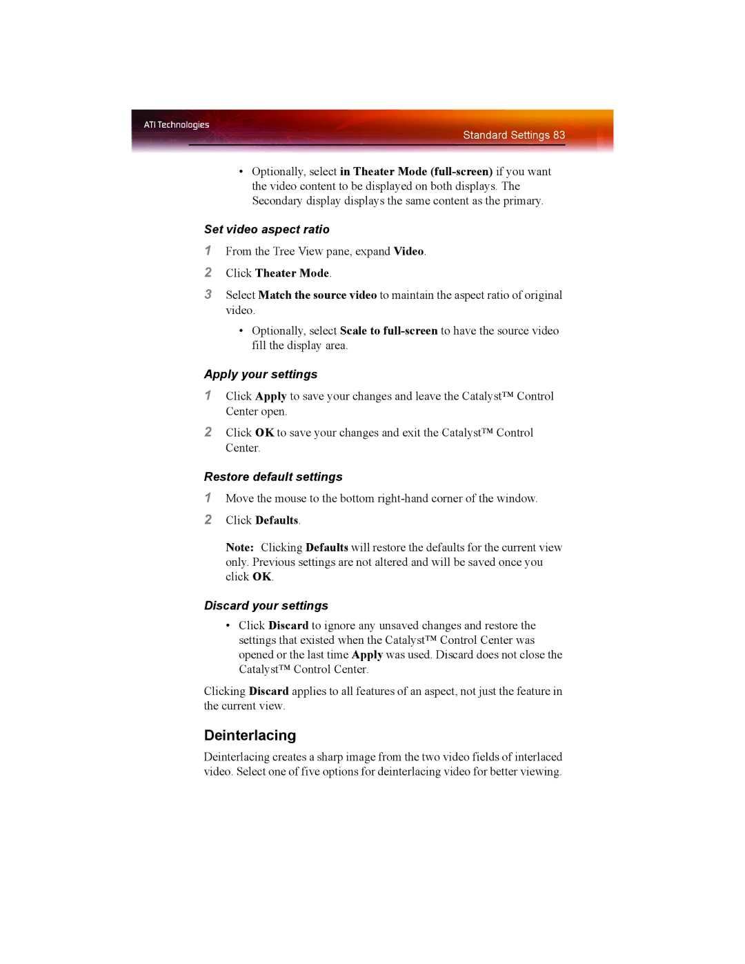 ATI Technologies X1550 SERIES manual Deinterlacing, Set video aspect ratio 