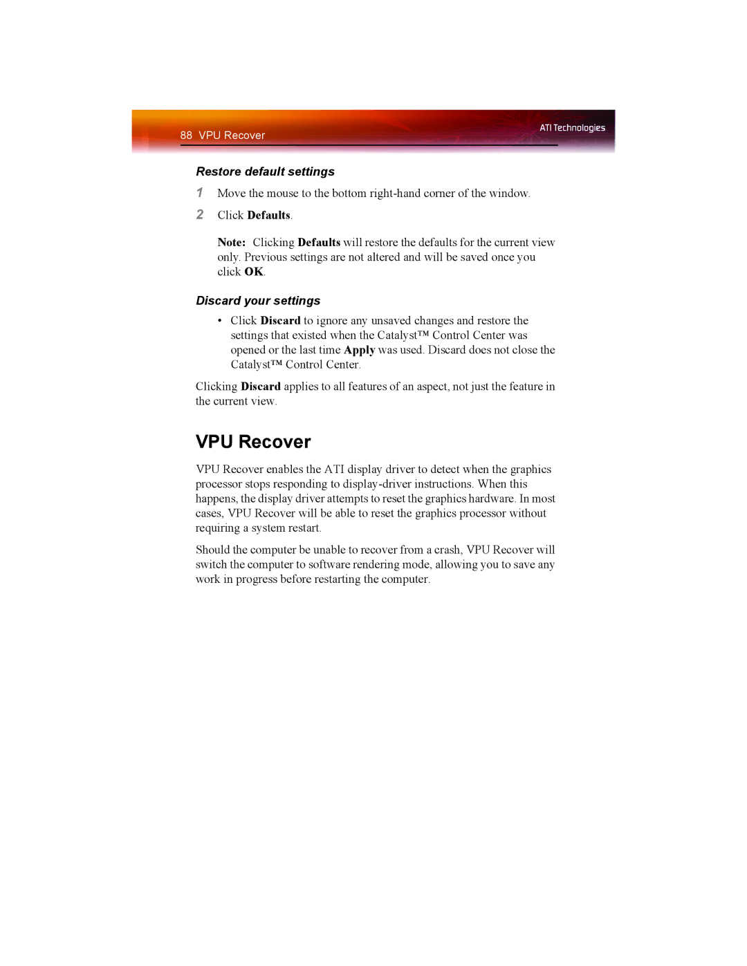 ATI Technologies X1550 SERIES manual VPU Recover, Restore default settings 