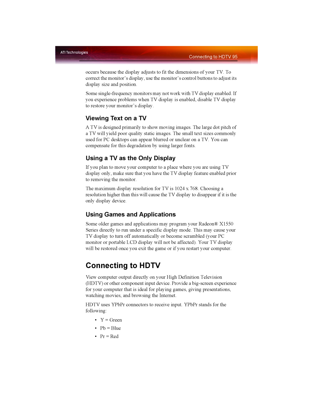 ATI Technologies X1550 SERIES manual Connecting to HDTV, Viewing Text on a TV, Using a TV as the Only Display 