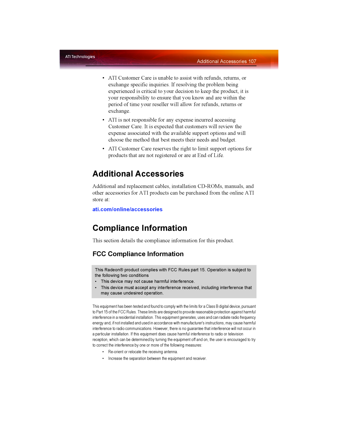 ATI Technologies X1550 SERIES manual Additional Accessories, FCC Compliance Information, ati.com/online/accessories 