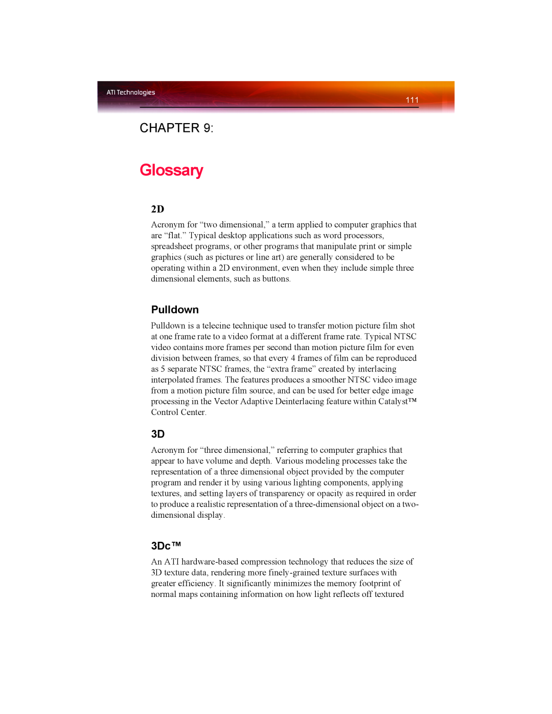 ATI Technologies X1550 SERIES manual Glossary, Chapter, Pulldown 