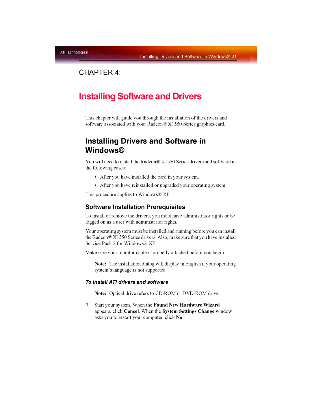 ATI Technologies X1550 SERIES manual Installing Software and Drivers, Installing Drivers and Software in Windows, Chapter 