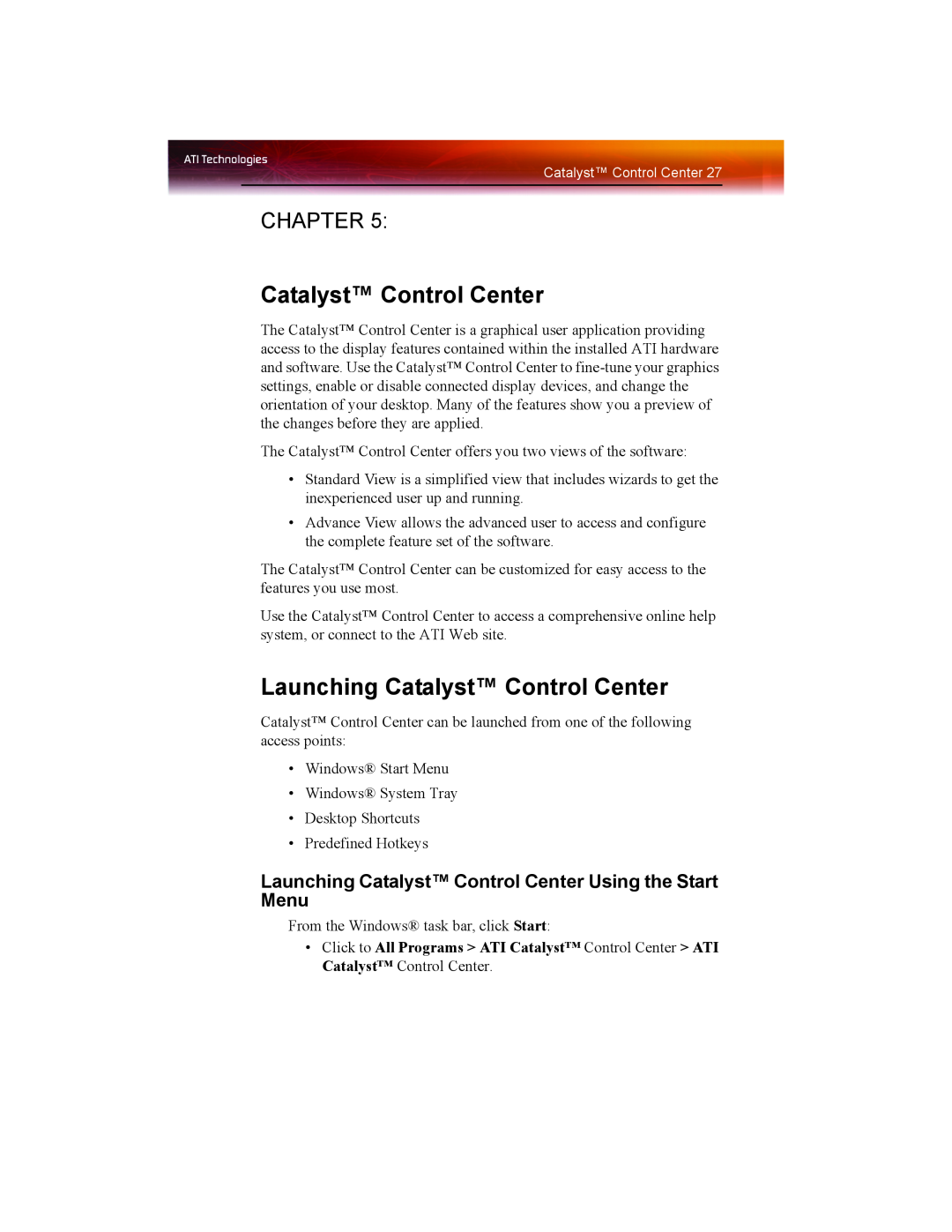 ATI Technologies X1550 SERIES manual Launching Catalyst Control Center, Chapter 