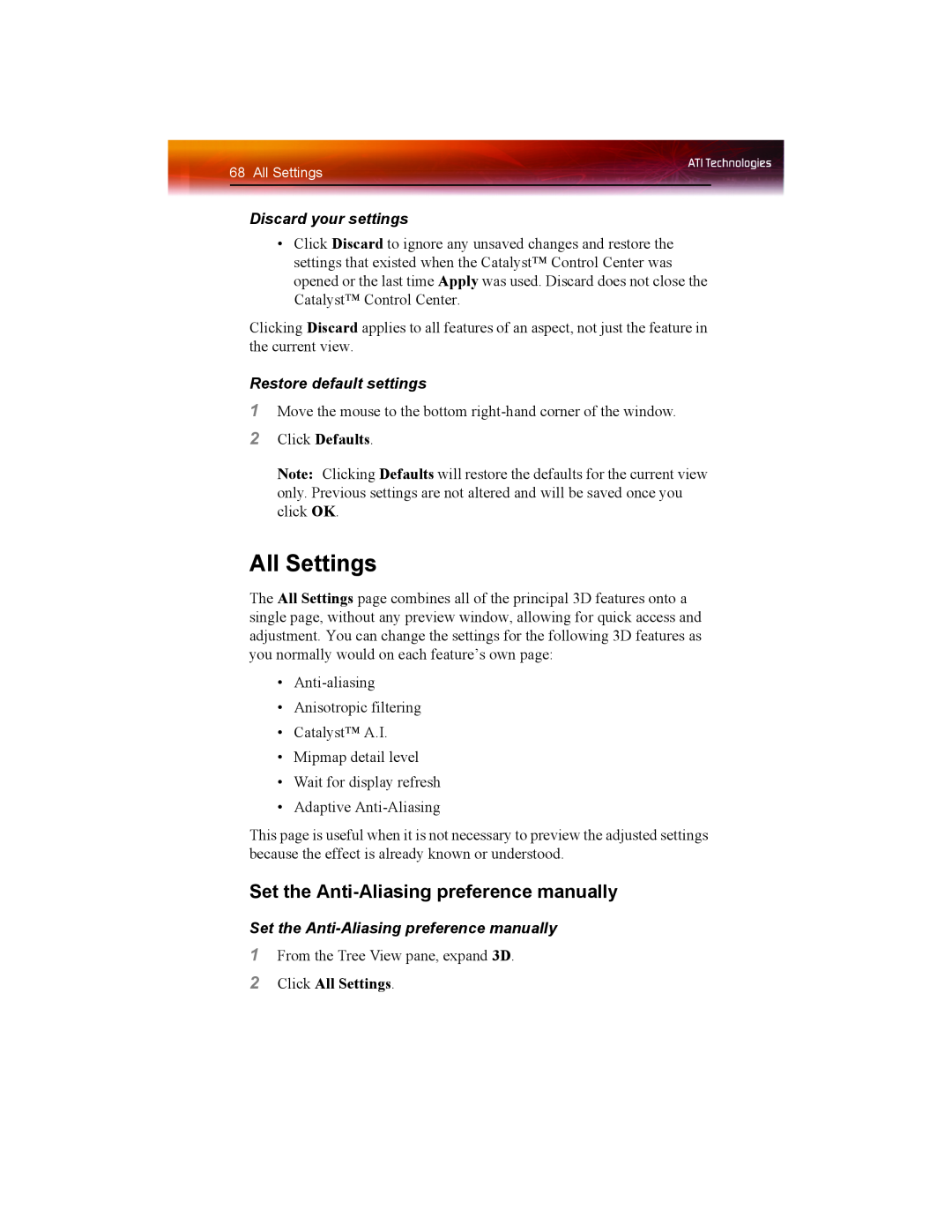 ATI Technologies X1550 SERIES manual All Settings, Discard your settings, Restore default settings, Click Defaults 