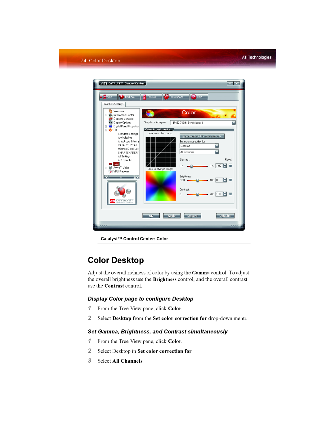 ATI Technologies X1550 SERIES manual Color Desktop, Display Color page to configure Desktop 