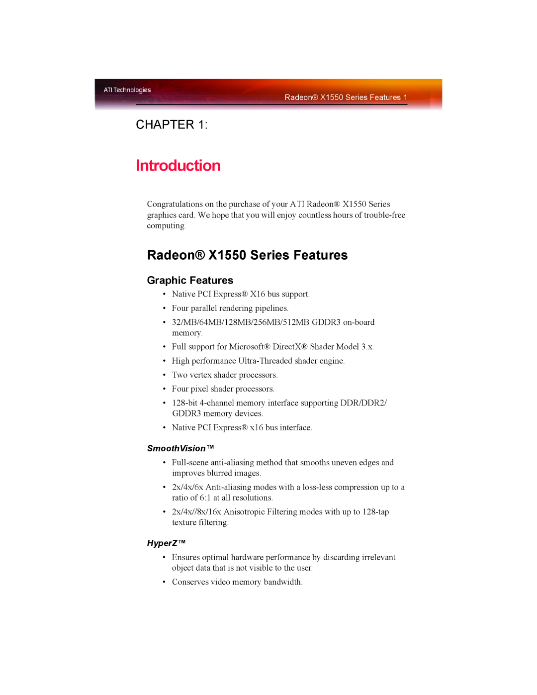 ATI Technologies X1550 SERIES manual Introduction, Radeon X1550 Series Features, Chapter, SmoothVision, HyperZ 