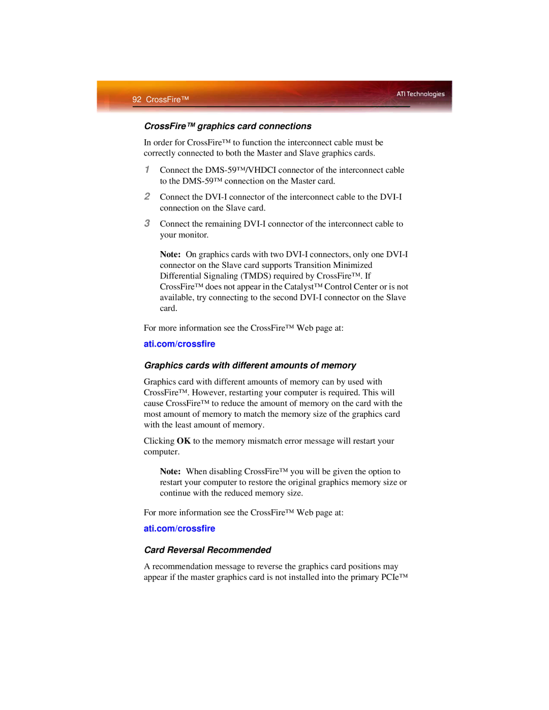 ATI Technologies X1600 manual CrossFire graphics card connections, Graphics cards with different amounts of memory 