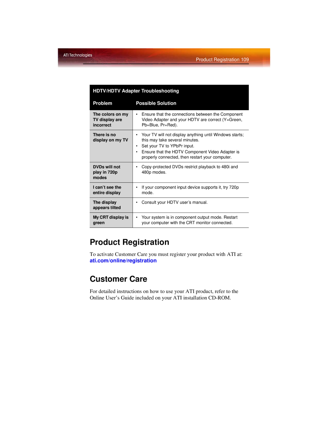 ATI Technologies X1600 Product Registration Customer Care, HDTV/HDTV Adapter Troubleshooting Problem Possible Solution 