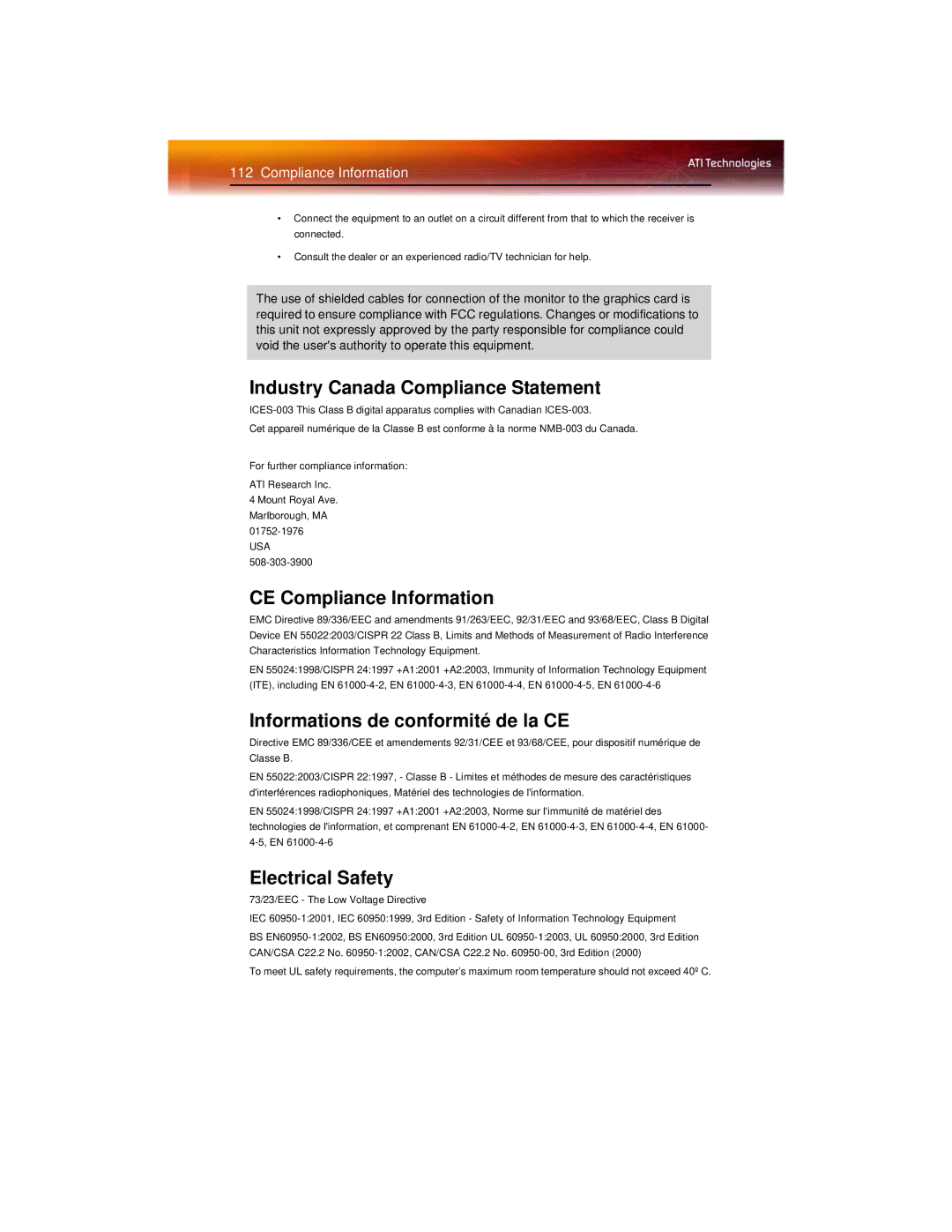 ATI Technologies X1600 manual Industry Canada Compliance Statement, CE Compliance Information, Electrical Safety 