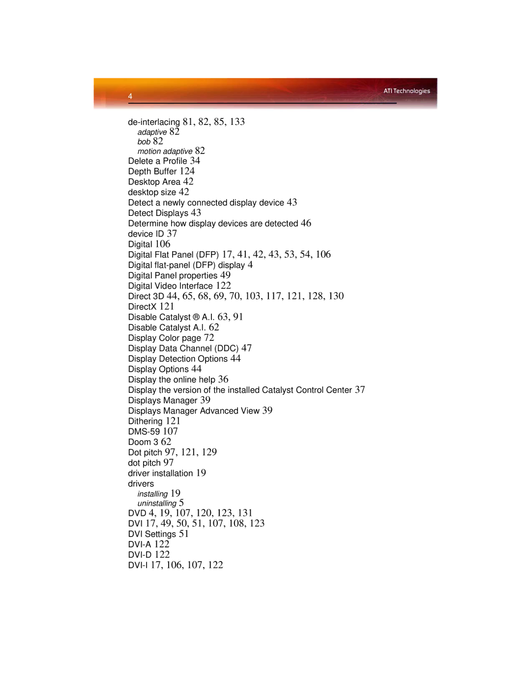 ATI Technologies X1600 manual Dot pitch 97, 121 