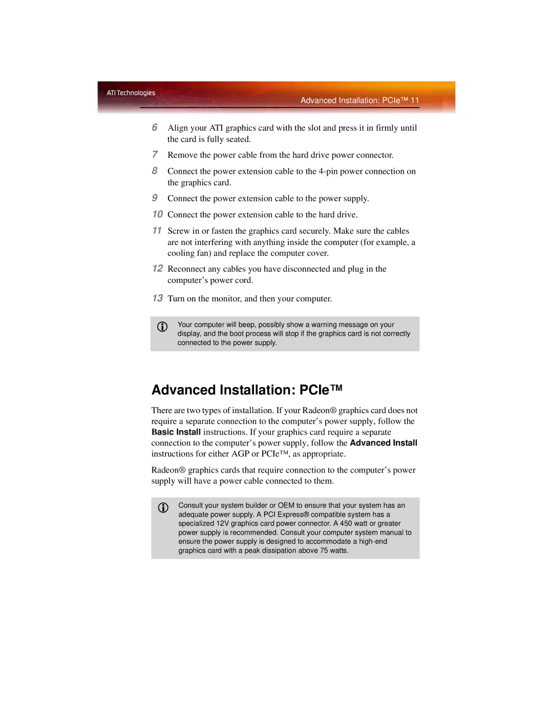 ATI Technologies X1600 manual Advanced Installation PCIe 