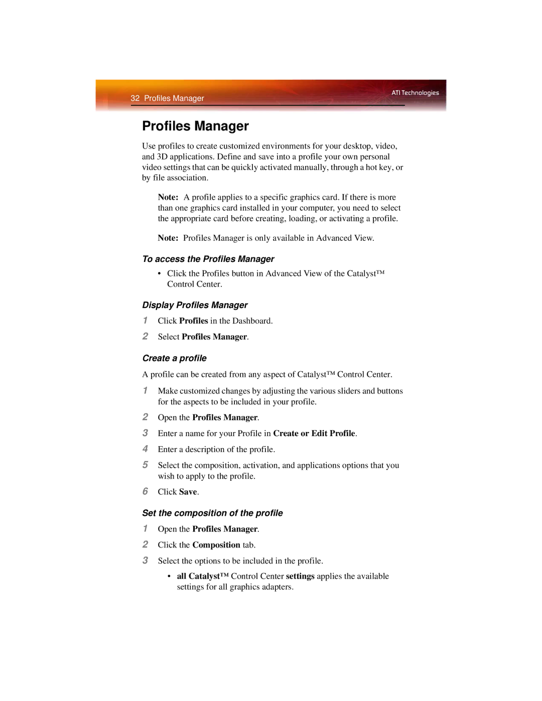 ATI Technologies X1600 manual To access the Profiles Manager, Display Profiles Manager, Create a profile 